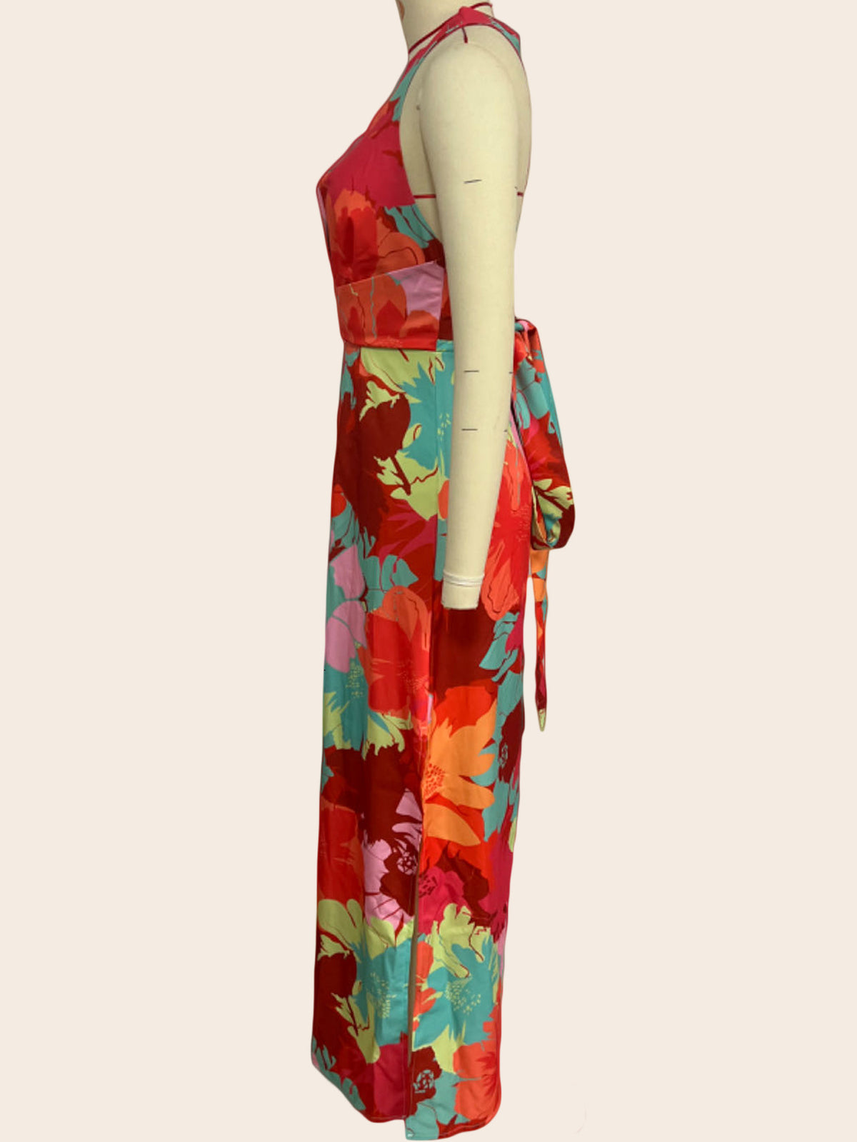 Watercolor Floral Print Halter Deep V-Neck Tie Waist Maxi Dress 7
