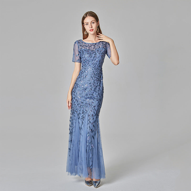 Sequin Round Neck Short Sleeve Mermaid Maxi Gown