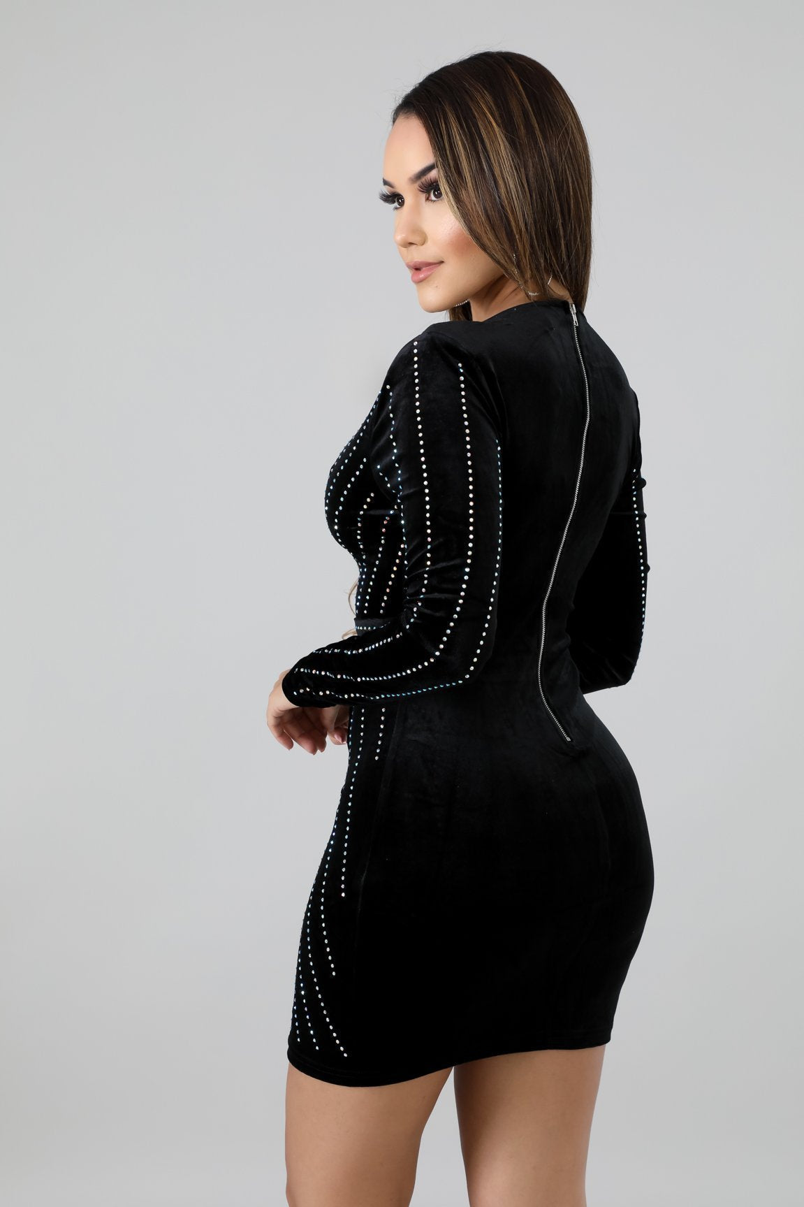 Velvet Deep V-Neck Long Sleeve Rhinestone Wrap Bodycon Mini Dress