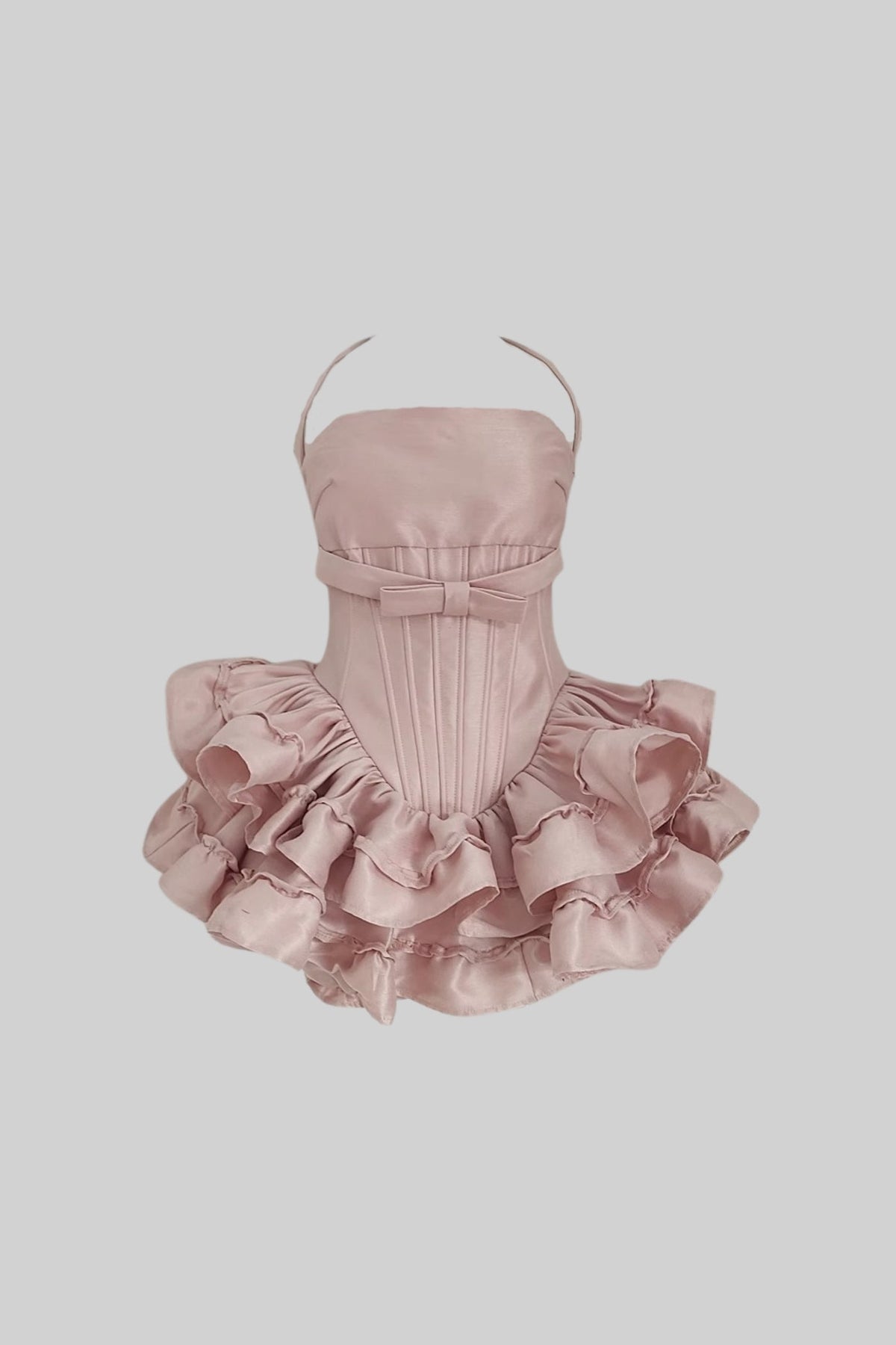 Halter Neck Bow Waist Corset Tiered Ruffle Satin Mini Dress 6
