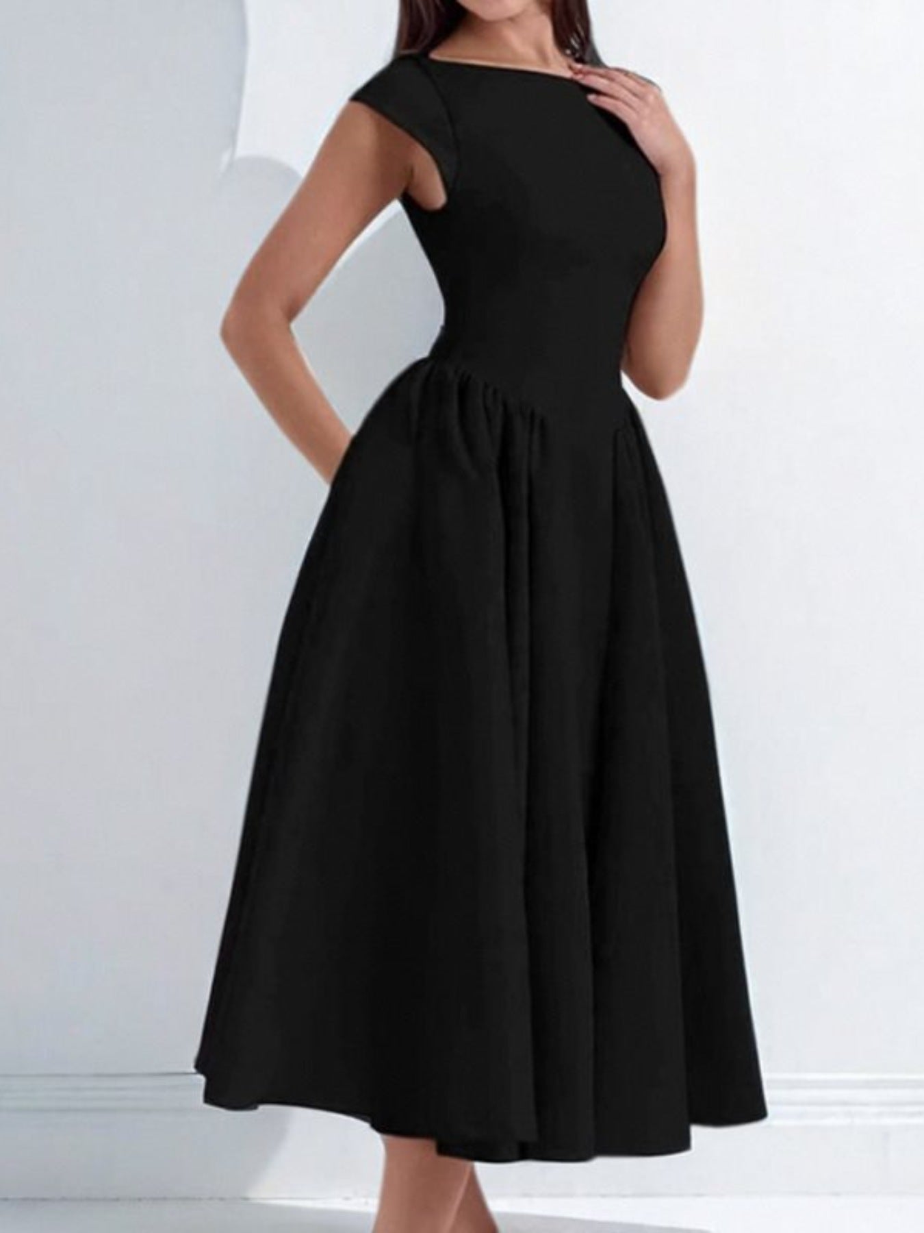 Satin Boat Neck Cap Sleeve Fit and Flare Midi Dress 9