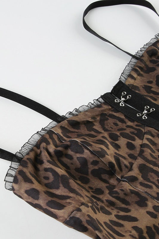 Front Button Sheer Mesh Leopard Cami Top
