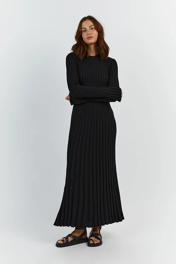 Ribbed Knit Crew Neck Long Sleeve Slim Fit Column Maxi Dress