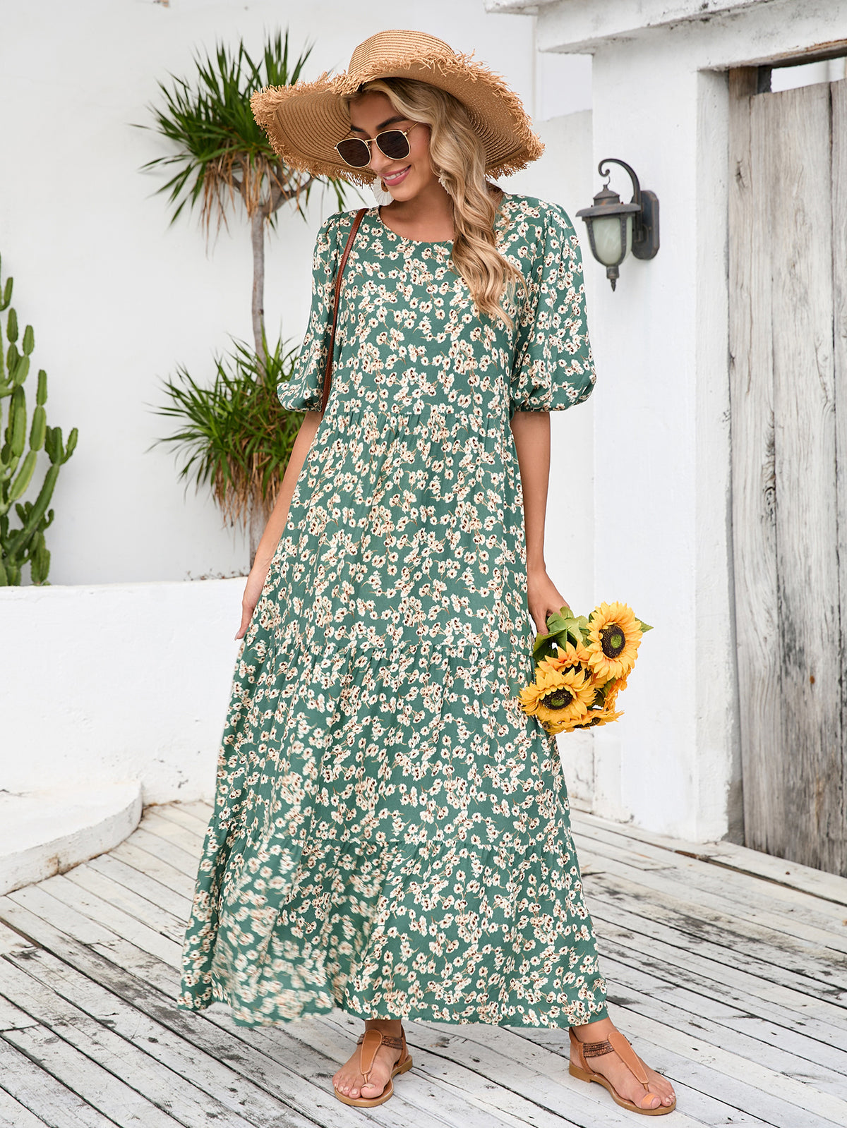Ditsy Floral Print Crew Neck Puff Half Sleeve Tiered Maxi Dress 3