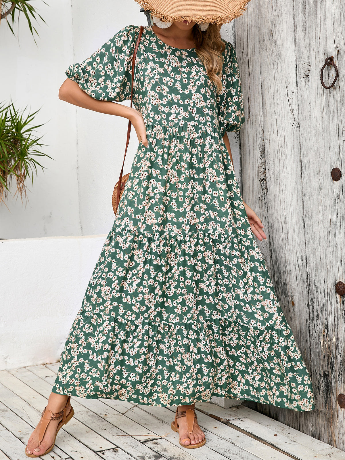 Ditsy Floral Print Crew Neck Puff Half Sleeve Tiered Maxi Dress 8