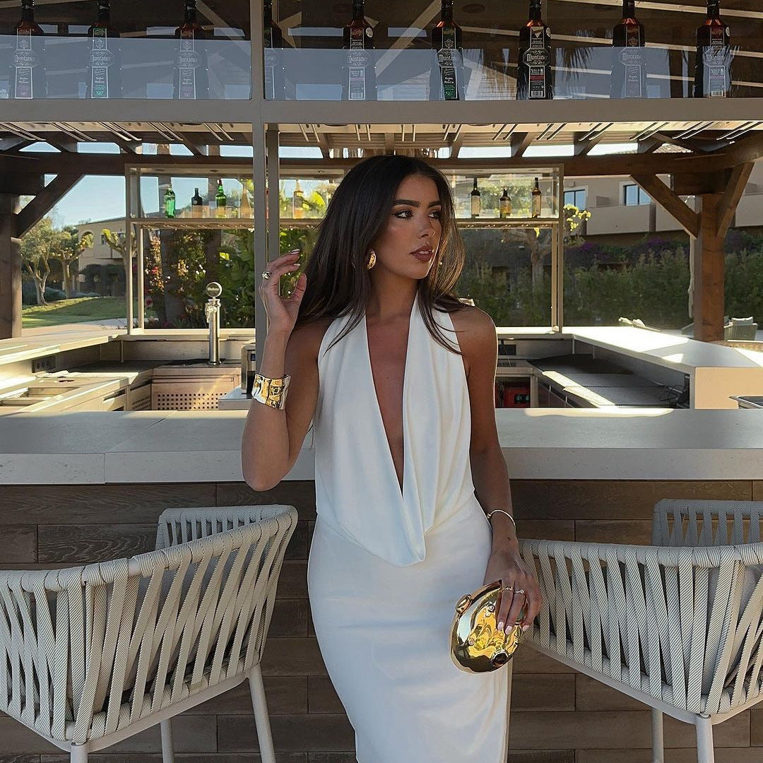 Women Clothing Summer Seaside Holiday Chic Backless Solid Color Slim Fit Maxi Dress Pleated Hanging Collar Dress