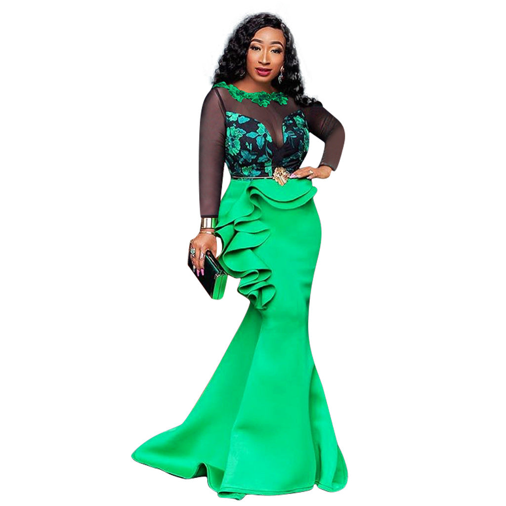 Sheer Mesh Floral Applique Long Sleeve Ruffle Peplum Mermaid Gown 3