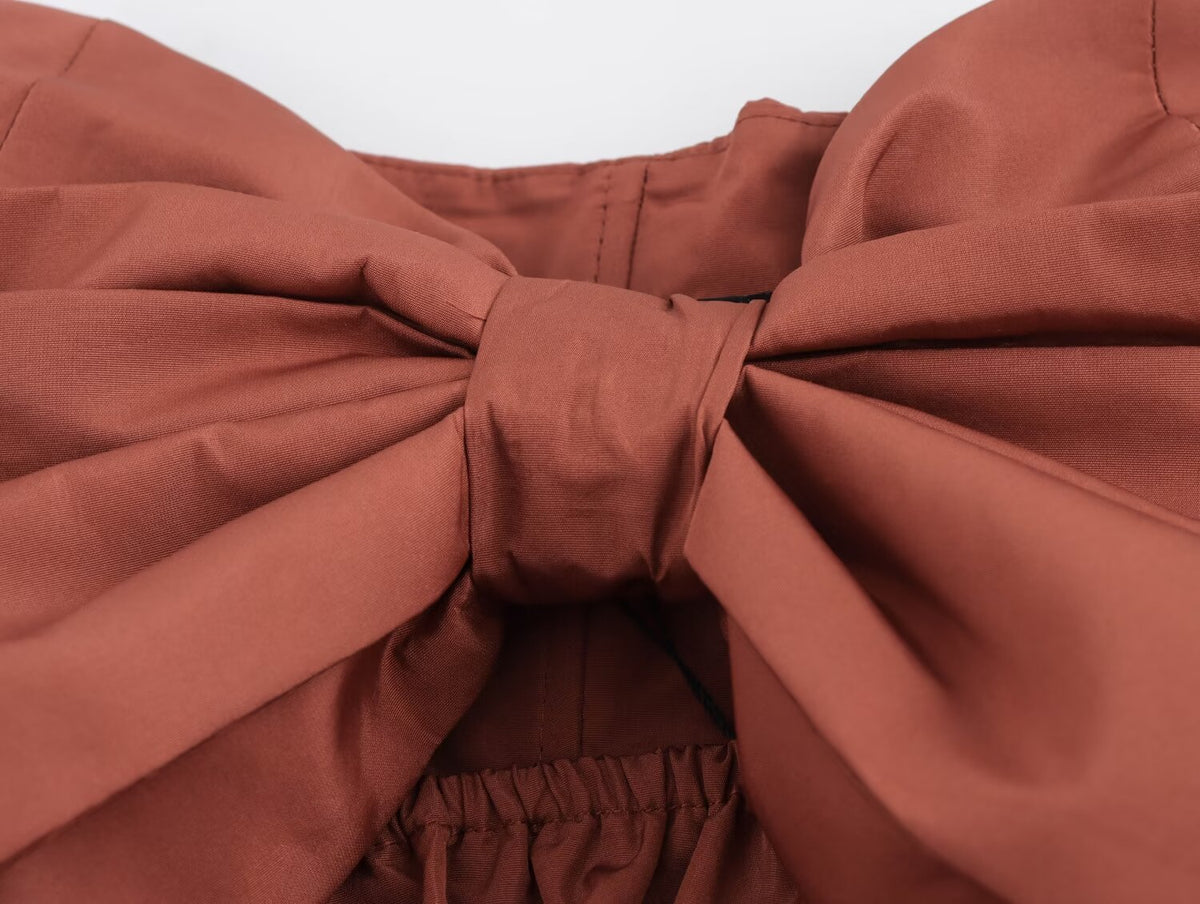 Strapless Oversized Bow Front Pleated A-Line Mini Dress 6