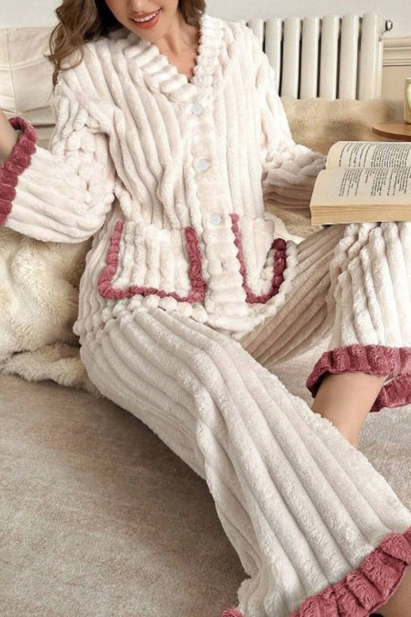 Ribbed Fleece Ruffle Trim Button Front Top and Pants Pajama Set