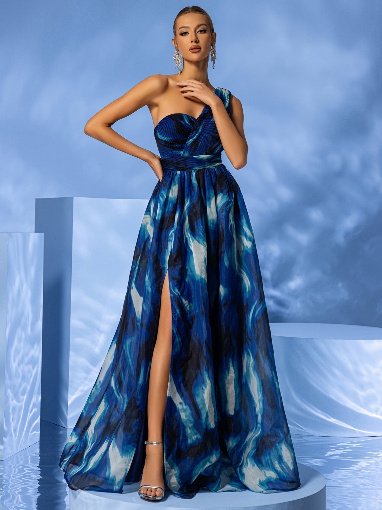One Shoulder Maxi Dress Tie Dye Print Sleeveless Vacation Split Refined Dress