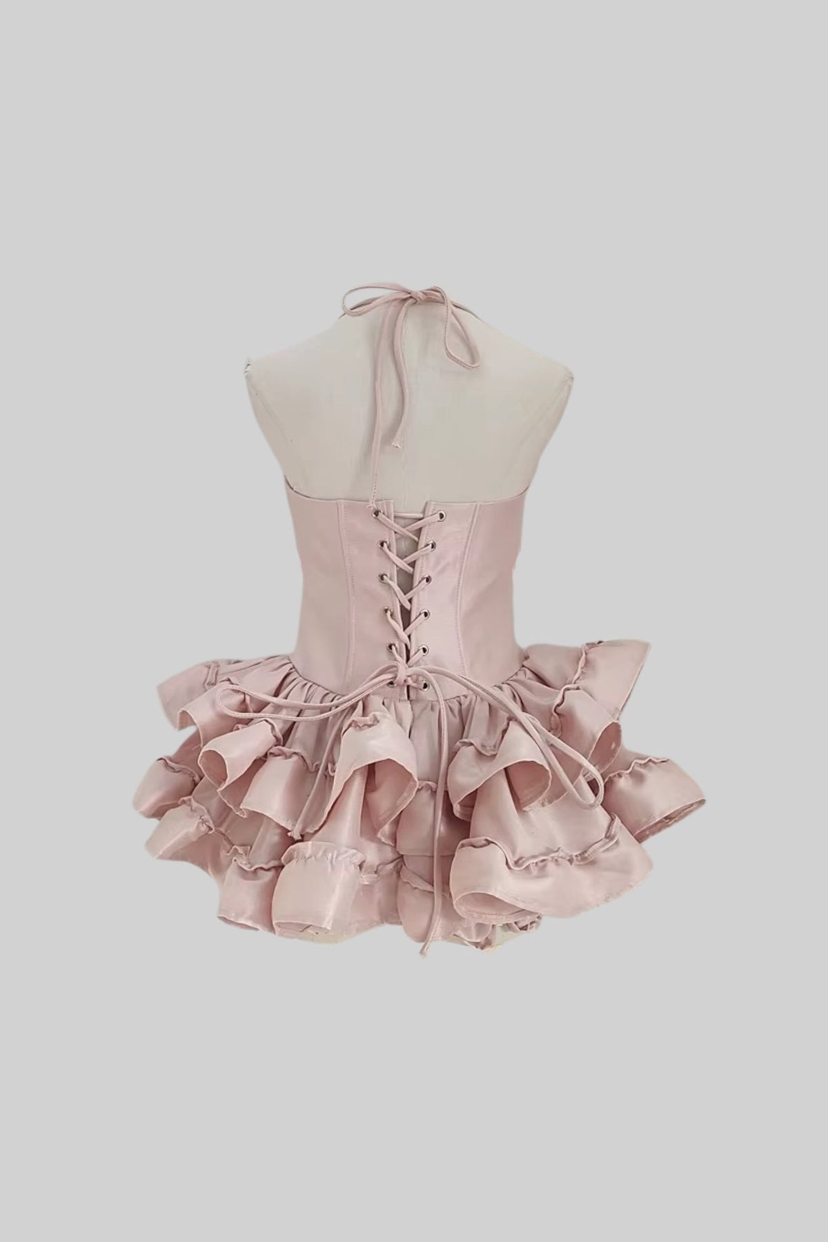 Halter Neck Bow Waist Corset Tiered Ruffle Satin Mini Dress 7