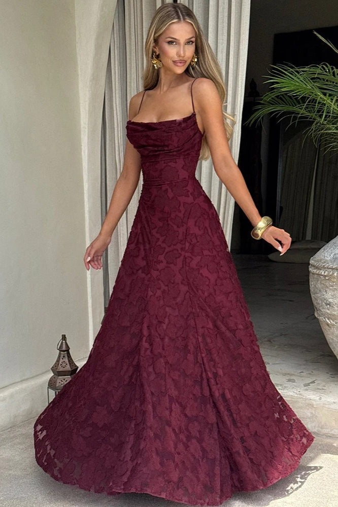 Floral Jacquard Cowl Neck Spaghetti Strap A-Line Maxi Dress