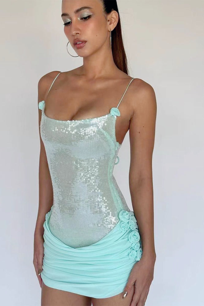 Sequin Spaghetti Strap Ruched Rosette Bodycon Mini Dress