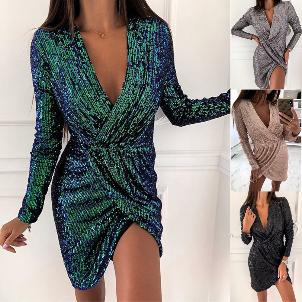 Sequin Deep V-Neck Long Sleeve Wrap Ruched Bodycon Mini Dress