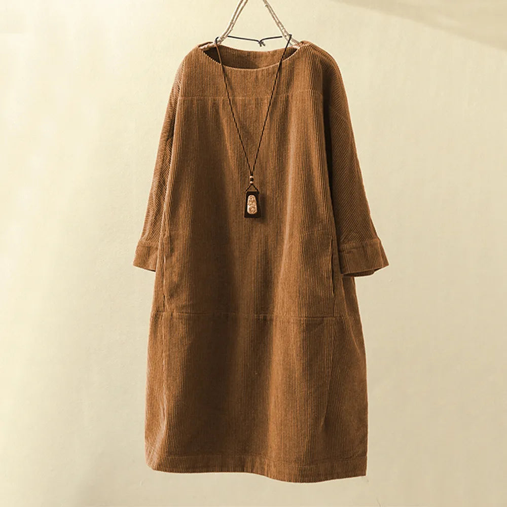 Ribbed Corduroy Crew Neck Long Sleeve Pocket Relaxed Shift Midi Dress