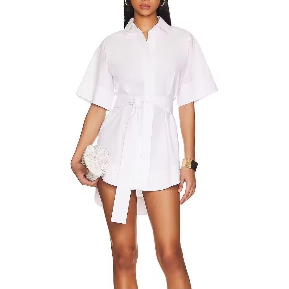 Collared Short Sleeve Belted Tie Waist Mini Shirt Dress