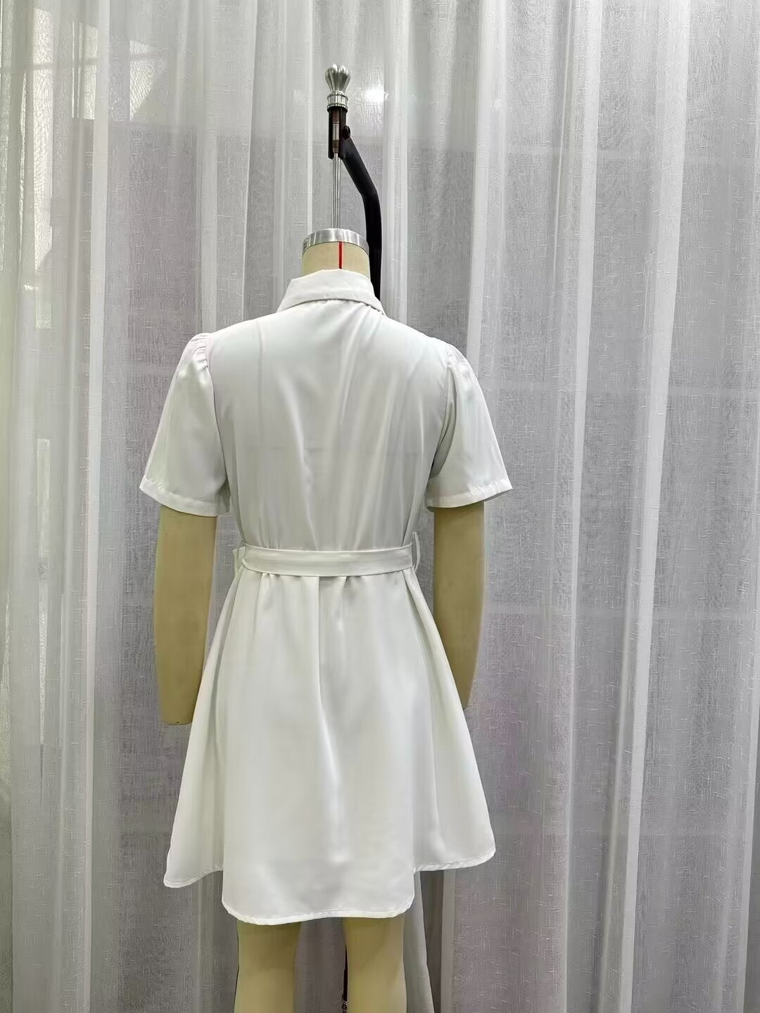 Collared Short Sleeve Belted Tie Waist Mini Shirt Dress 15