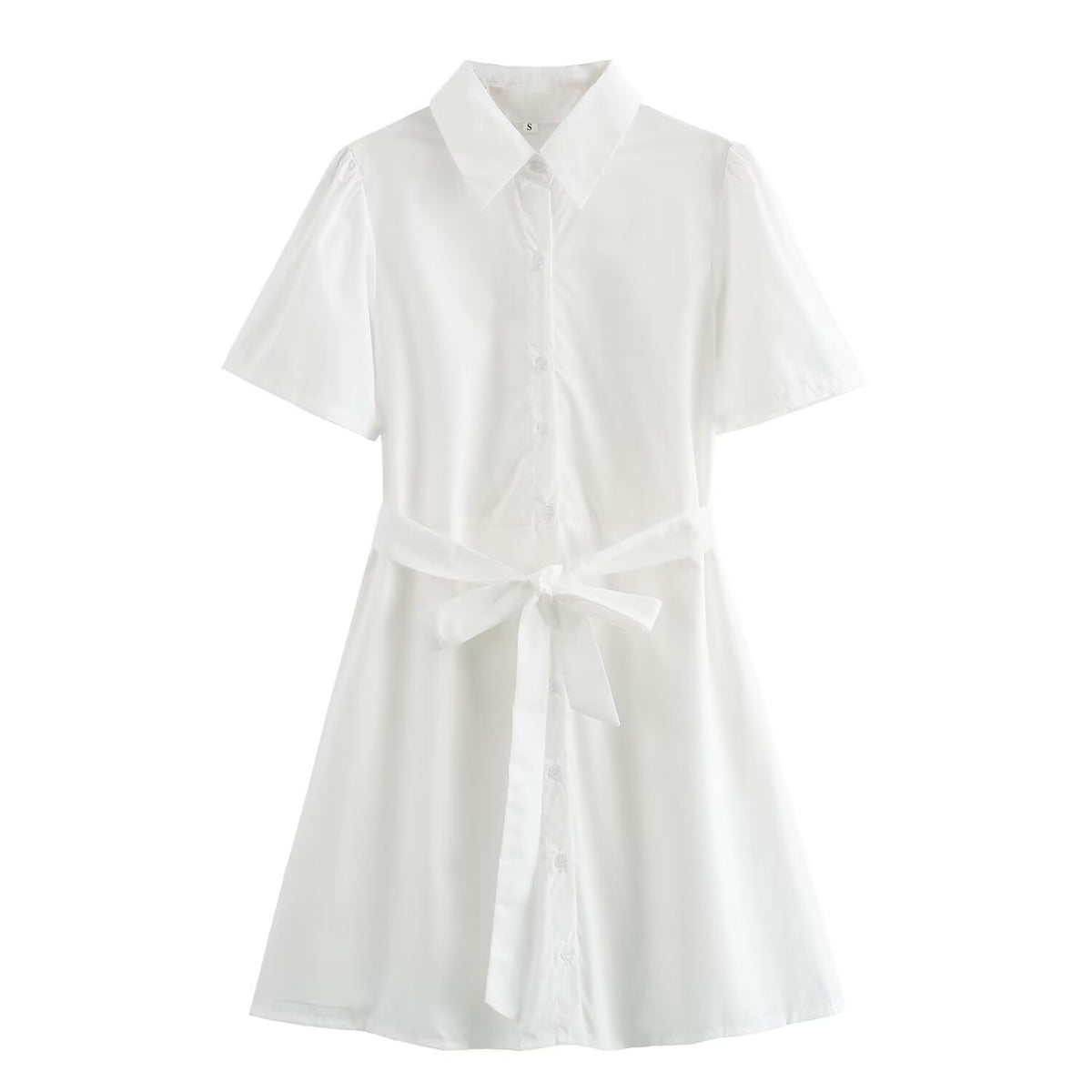 Collared Short Sleeve Belted Tie Waist Mini Shirt Dress 16