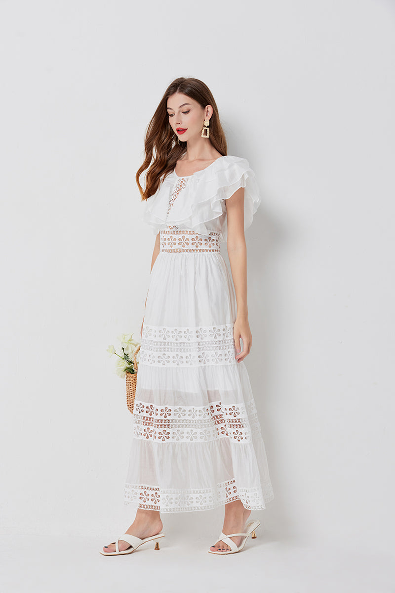 Eyelet Lace Cut Out Tiered Flutter Sleeve Ruffle Collar Maxi Dress
