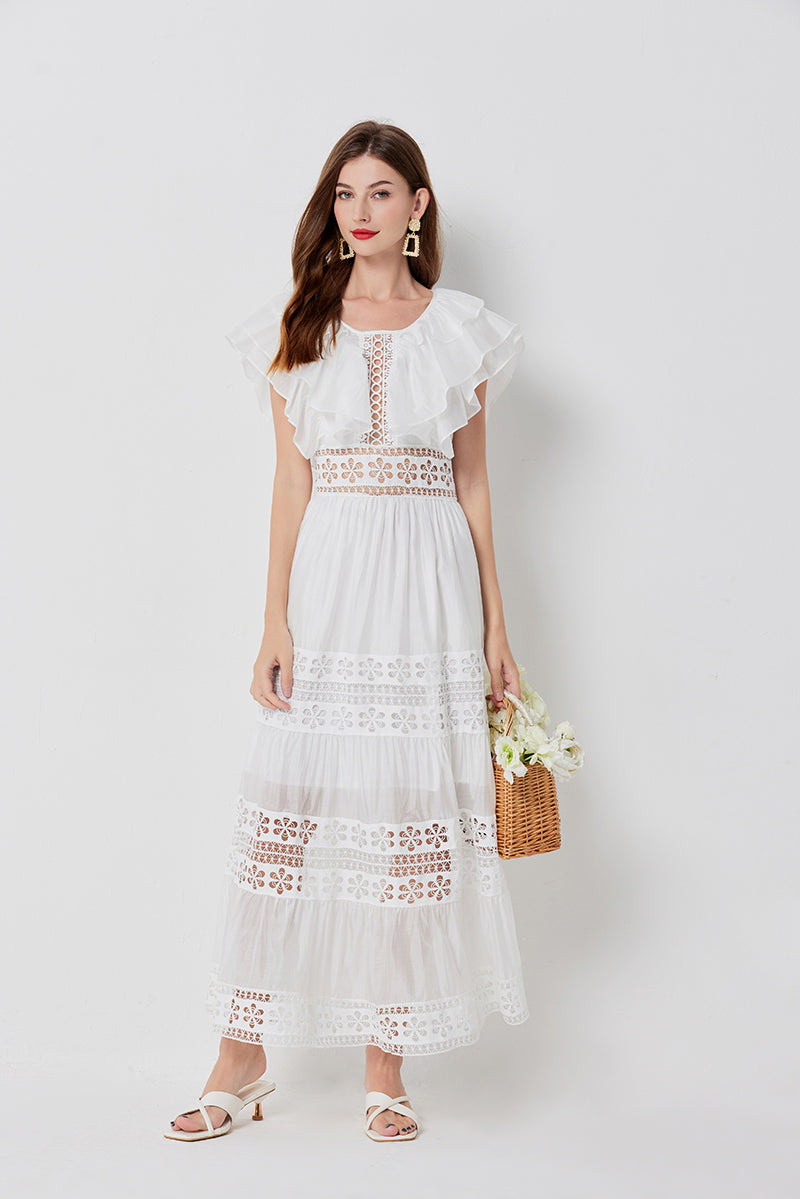 Eyelet Lace Cut Out Tiered Flutter Sleeve Ruffle Collar Maxi Dress