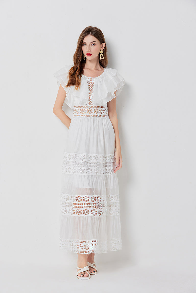 Eyelet Lace Cut Out Tiered Flutter Sleeve Ruffle Collar Maxi Dress