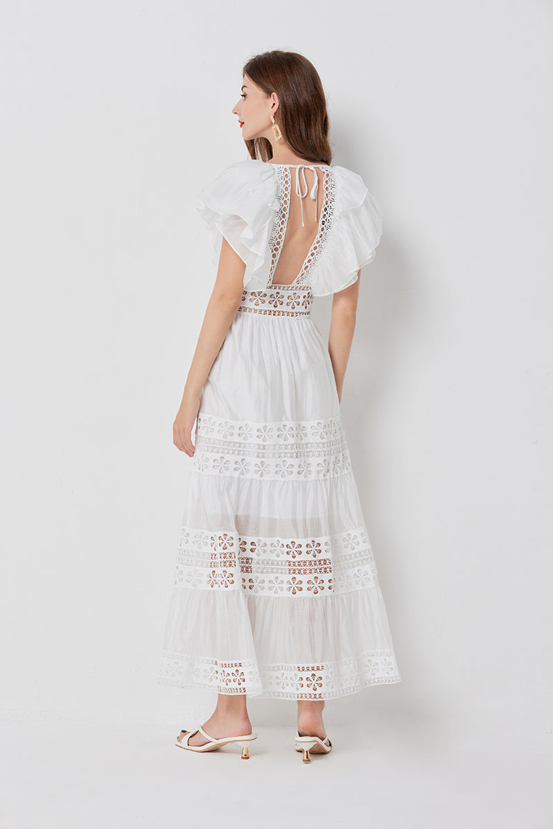 Eyelet Lace Cut Out Tiered Flutter Sleeve Ruffle Collar Maxi Dress