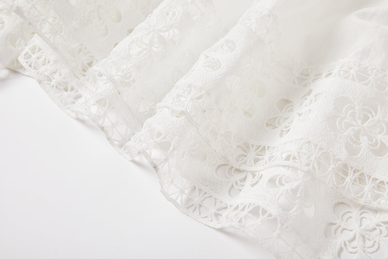 Eyelet Lace Cut Out Tiered Flutter Sleeve Ruffle Collar Maxi Dress