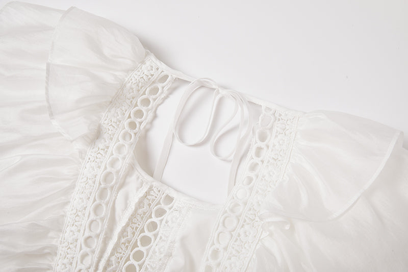 Eyelet Lace Cut Out Tiered Flutter Sleeve Ruffle Collar Maxi Dress