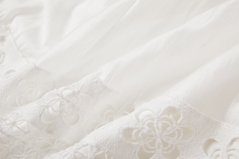 Eyelet Lace Cut Out Tiered Flutter Sleeve Ruffle Collar Maxi Dress