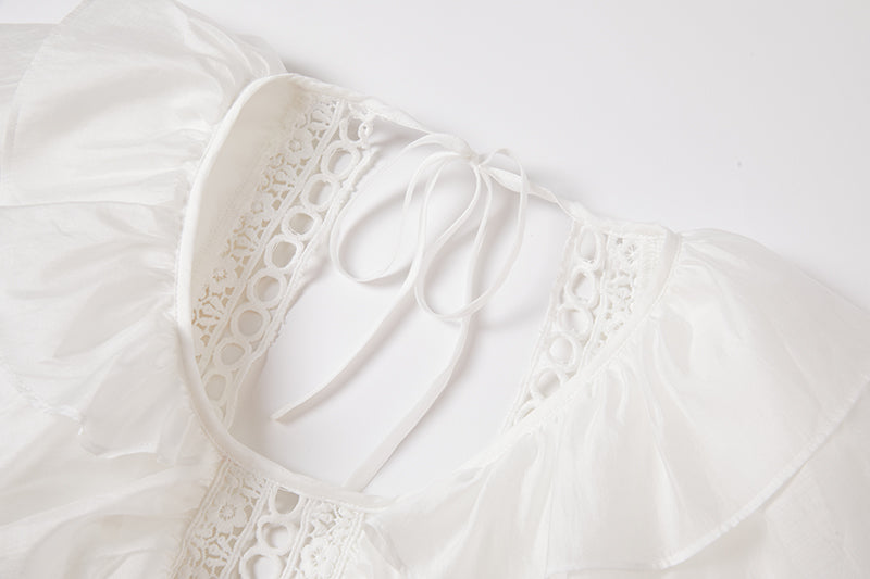 Eyelet Lace Cut Out Tiered Flutter Sleeve Ruffle Collar Maxi Dress