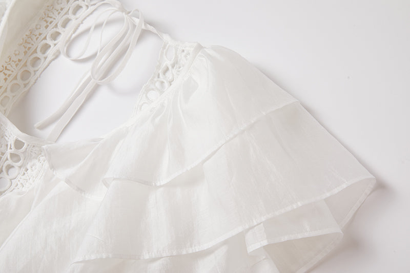 Eyelet Lace Cut Out Tiered Flutter Sleeve Ruffle Collar Maxi Dress