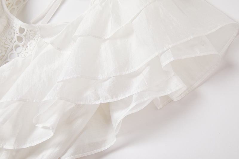 Eyelet Lace Cut Out Tiered Flutter Sleeve Ruffle Collar Maxi Dress