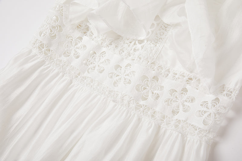 Eyelet Lace Cut Out Tiered Flutter Sleeve Ruffle Collar Maxi Dress