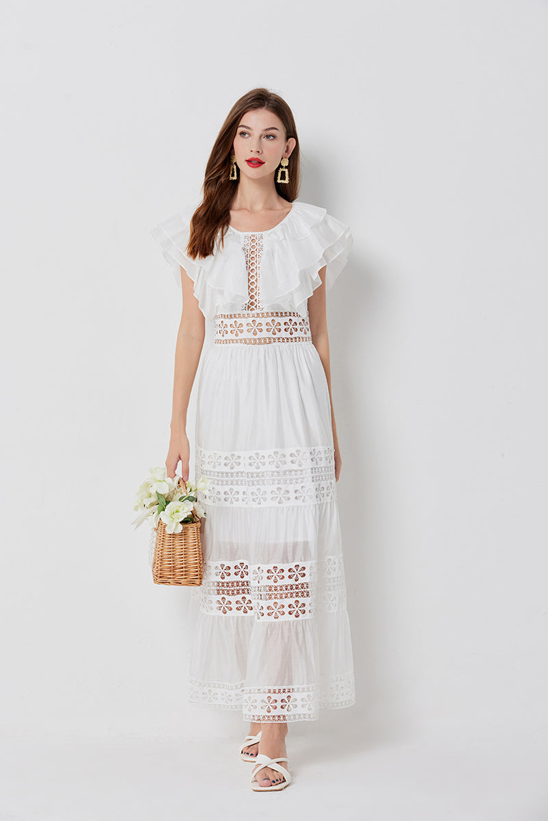 Eyelet Lace Cut Out Tiered Flutter Sleeve Ruffle Collar Maxi Dress