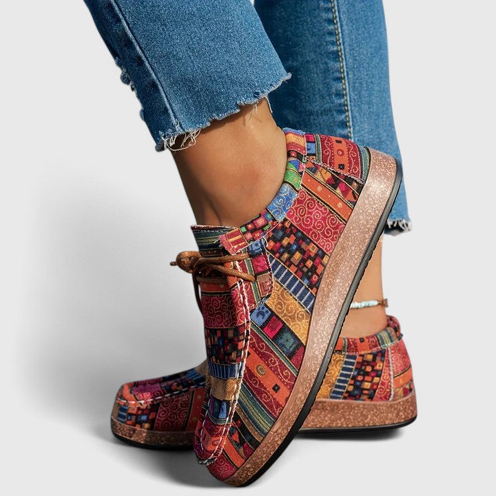Tribal Print Lace Up Flat Sneakers