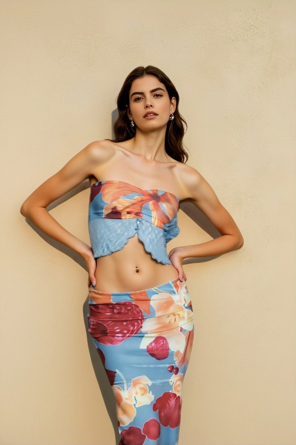 Floral Print Strapless Bandeau Top and Bodycon Skirt Two Piece Set