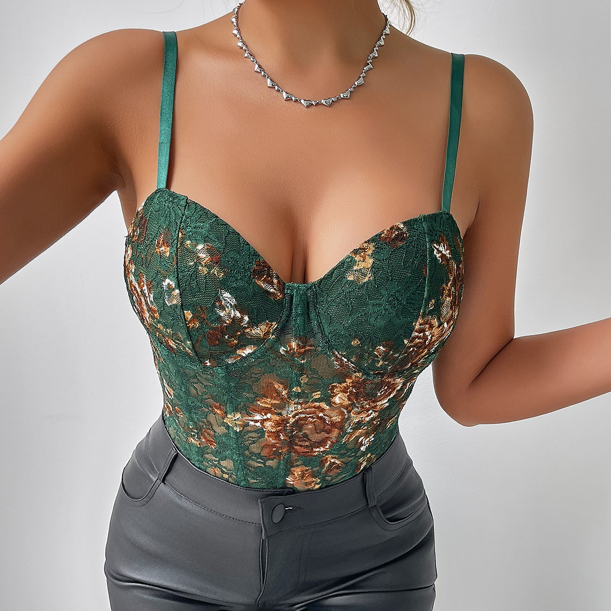Floral Lace Spaghetti Strap Corset Bustier Bodysuit