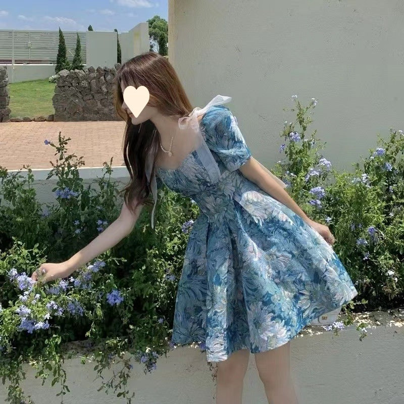 Floral Jacquard Sweetheart Neck Puff Sleeve Pleated Fit and Flare Mini Dress 3