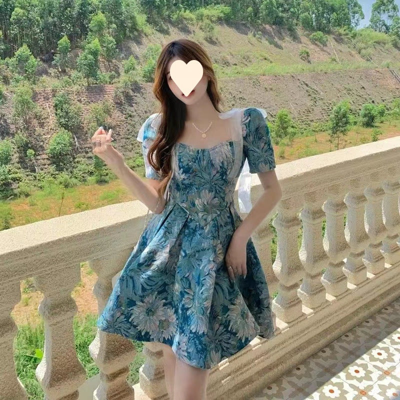Floral Jacquard Sweetheart Neck Puff Sleeve Pleated Fit and Flare Mini Dress 4