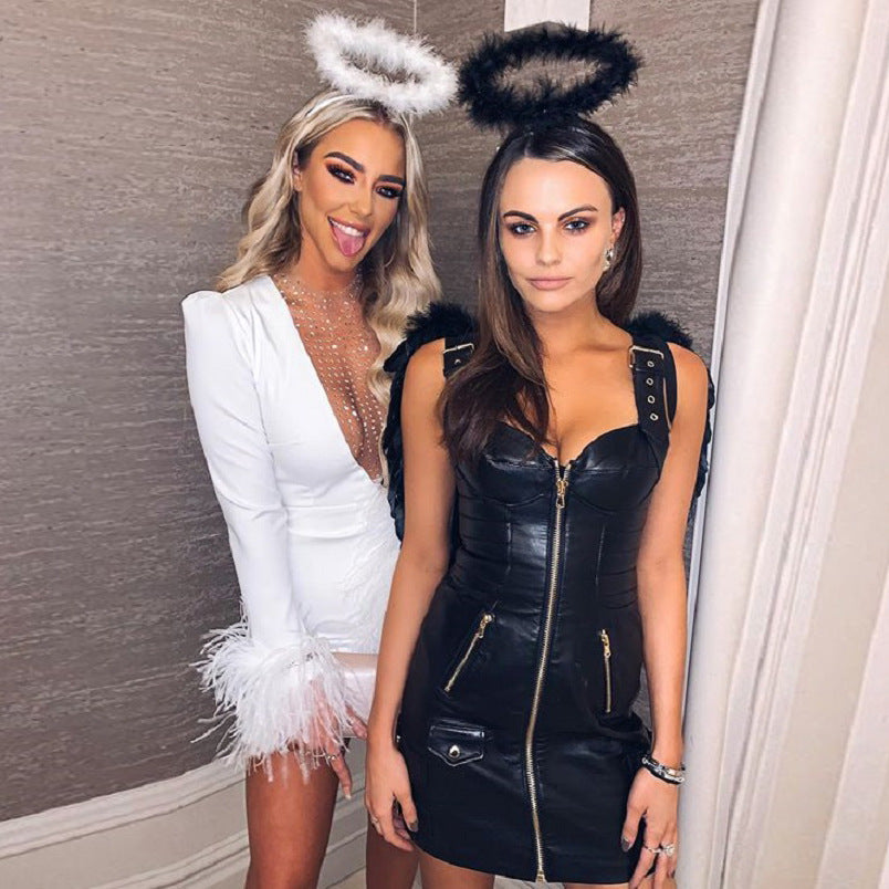 Deep V-Neck Long Sleeve Feather Trim Rhinestone Mesh Bodycon Mini Dress 5