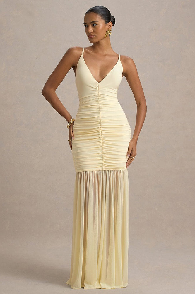 Satin Spaghetti Strap Plunge Ruched Maxi Dress