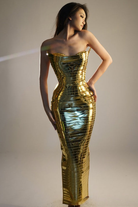 Metallic Strapless Corset Mirror Sequin Mermaid Gown