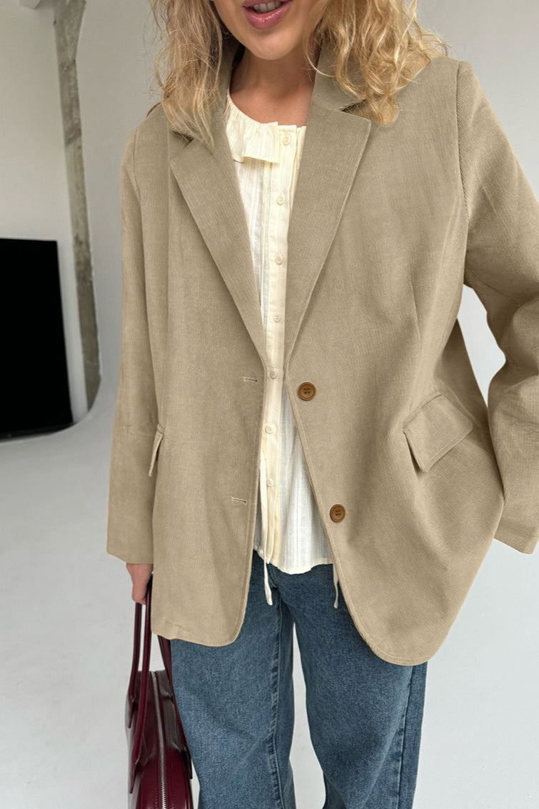 Notch Lapel Two Button Flap Pocket Oversized Corduroy-Look Blazer 2