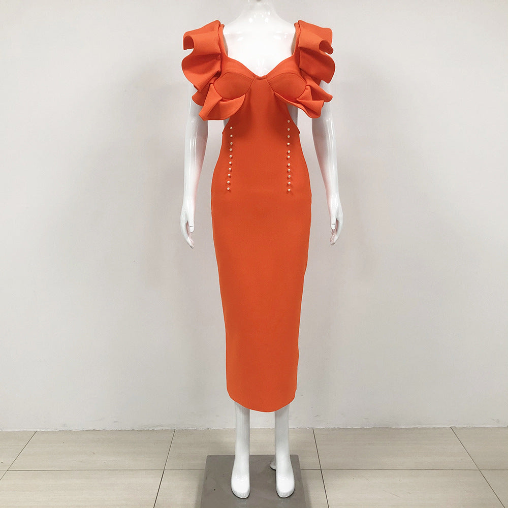 Deep V-Neck Ruffle Sleeve Side Cut Out Pearl Button Bodycon Midi Dress