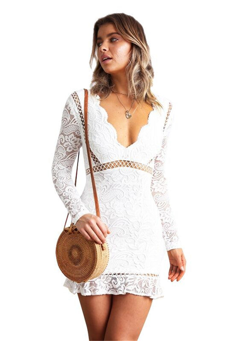 Long Sleeve Lace Deep V-Neck Cut Out Waist Mini Dress