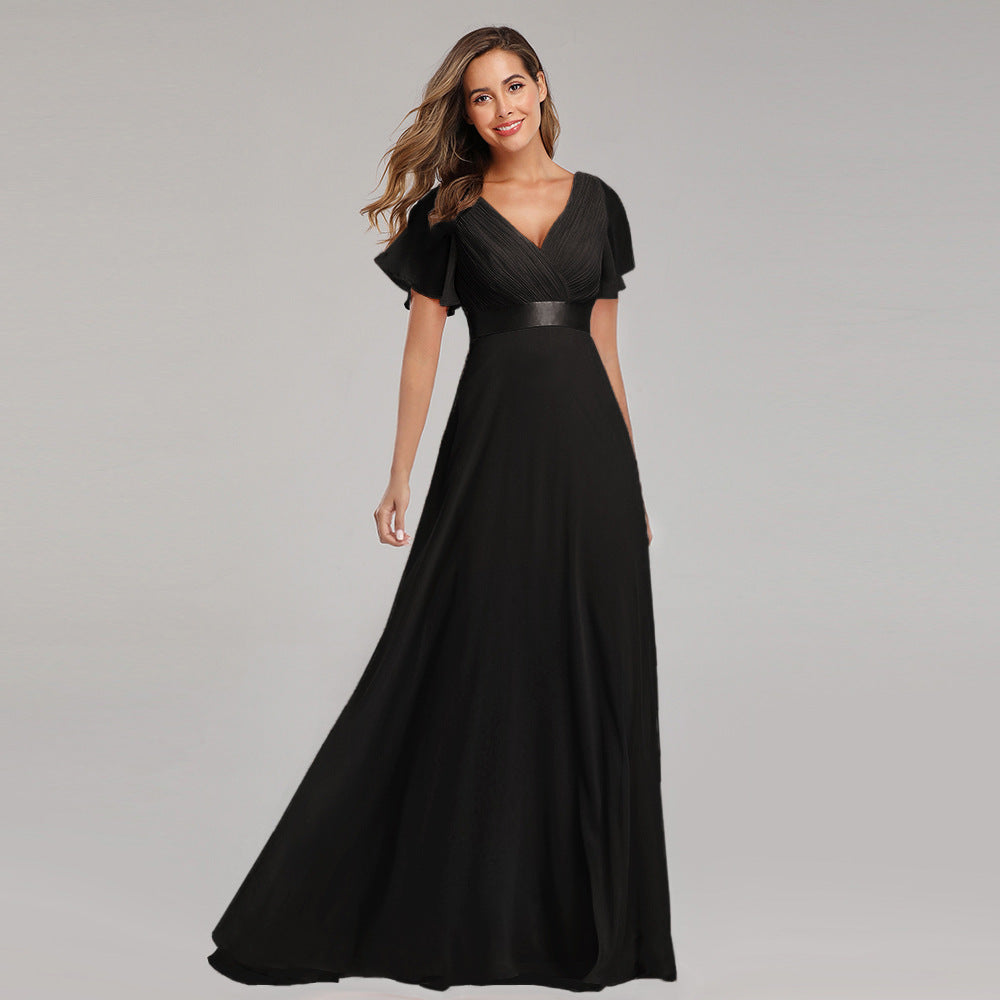 Hand - Folded Large V - neck Dress Chiffon Elastic Banquet Bridesmaid Evening Dress for