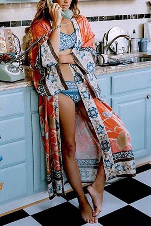 Floral Print Belted Cardigan