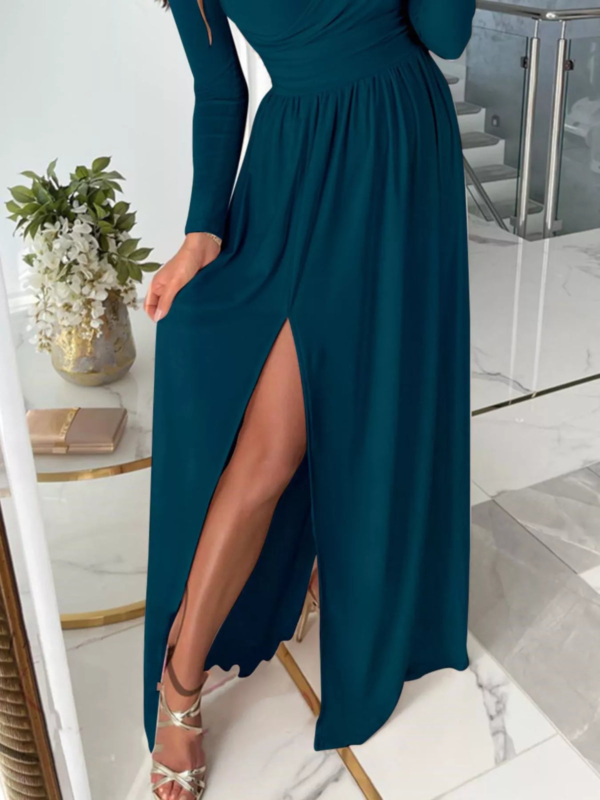 Slit Surplice Cold Shoulder Maxi Dress