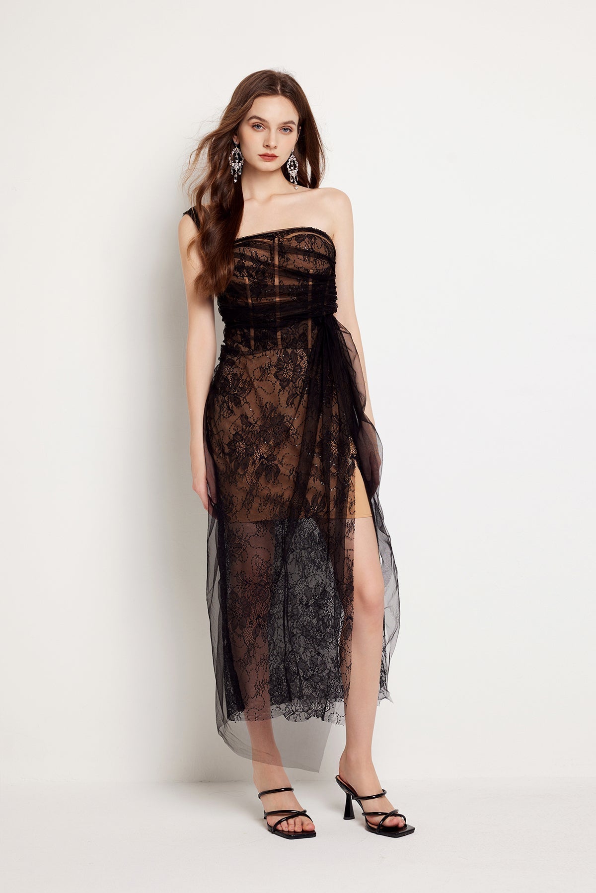 Floral Lace Strapless Tulle Drape Wrap Tie Sheer Overlay Asymmetrical Midi Dress