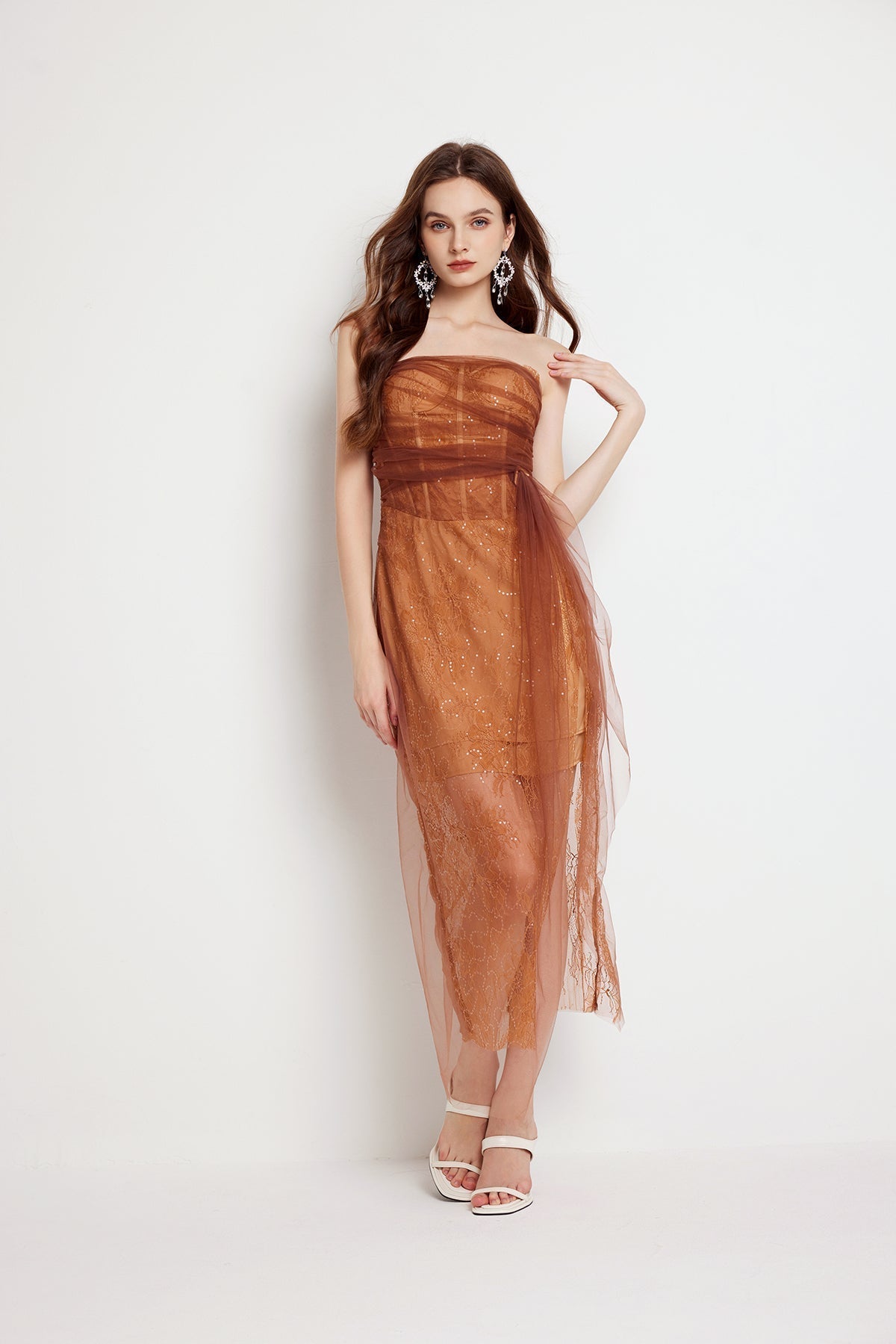 Floral Lace Strapless Tulle Drape Wrap Tie Sheer Overlay Asymmetrical Midi Dress